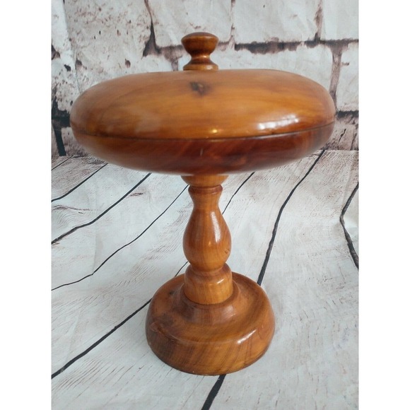 Vintage Hand Turned WOOD PEDESTAL COVERED CANDY Dog treat BOWL DISH BOX - Picture 2 of 9